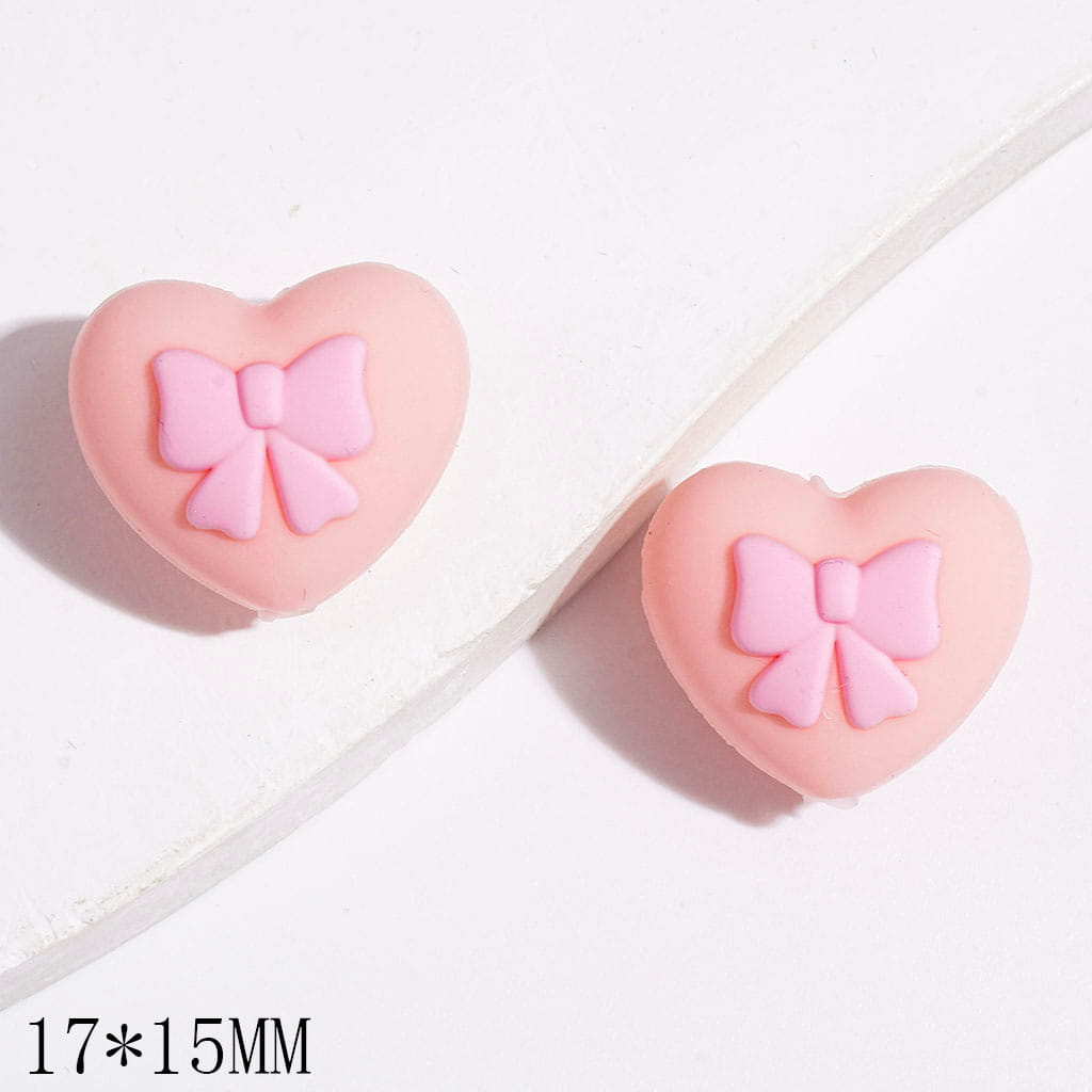 Silicone Focal Beads Heart with Pink Bowtie, 17*15MM, Multi-Color