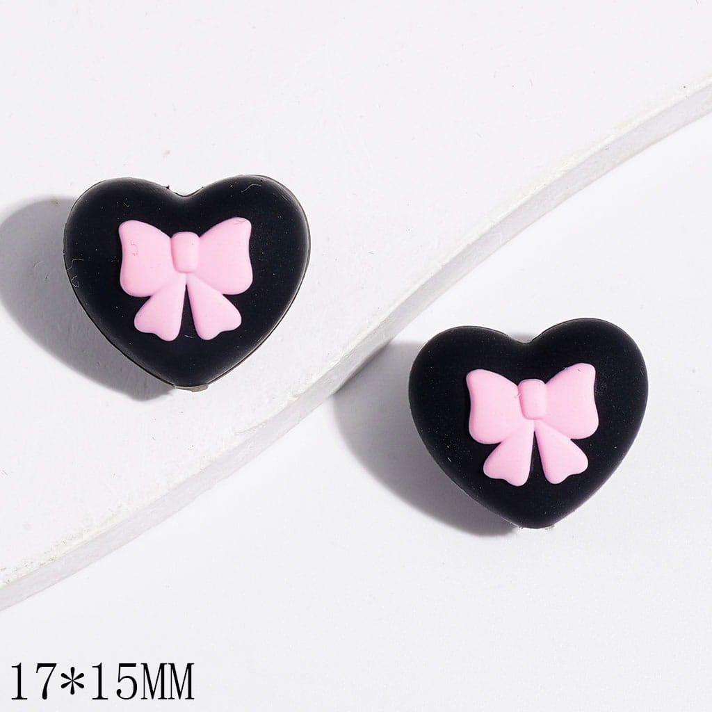 Silicone Focal Beads Heart with Pink Bowtie, 17*15MM, Multi-Color