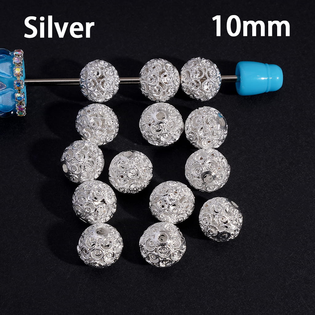 Silver & Gold Hollow Floral Scroll Pattern Metal Beads 10mm