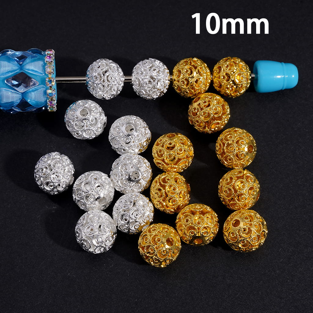 Silver & Gold Hollow Floral Scroll Pattern Metal Beads 10mm