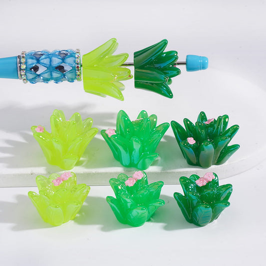Green Grass Small and Large Size Pink Flower Acrylic Beads Random Mix