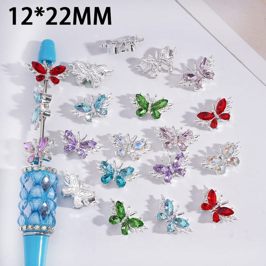 Vivid Butterfly with Four Rhinestones on Wings, Silver Metal Beads 12*22MM, Random Mix (The Hole is Horizontal and Vertical)