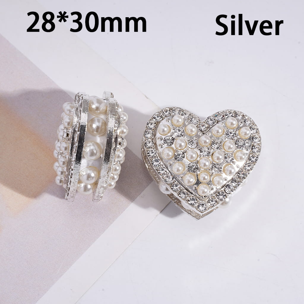 Gold & Silver Alloy Heart Clay Beads with Clear Rhinestones & White Pearls 28*30 MM