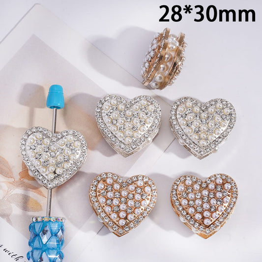 Gold & Silver Alloy Heart Clay Beads with Clear Rhinestones & White Pearls 28*30 MM