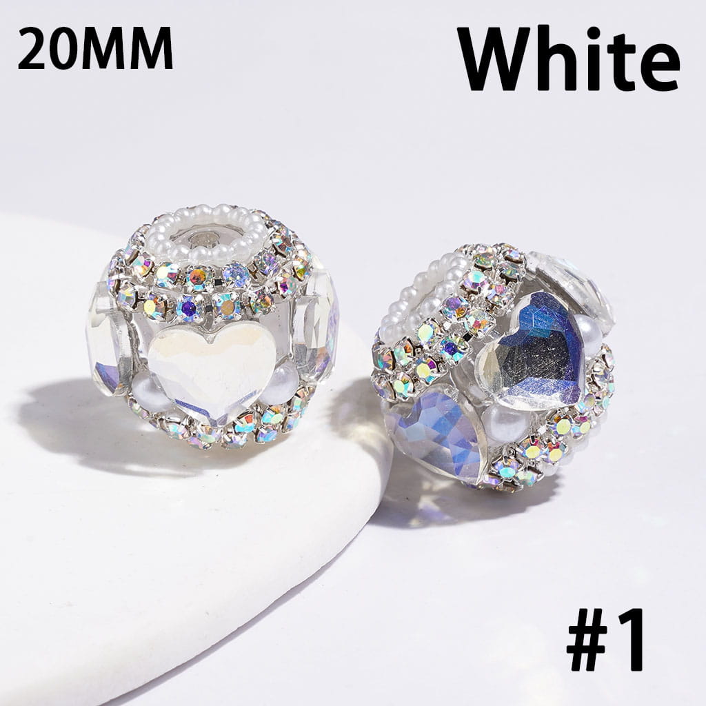 Luxury Heart Crystal Rhinestone & White Pearl Trim Handmade Acrylic Beads,, 20MM, Random Mix