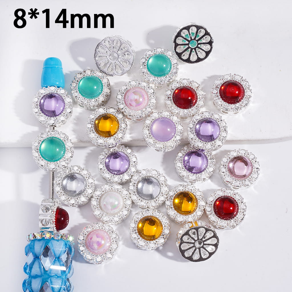 Multicolor DIY Alloy Beads Hollowed Back Flower Round Rhinestone Beads, 8*14mm Random Mix (The Hole can all be Passed Through)