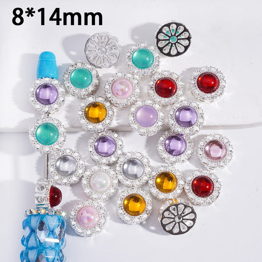 Multicolor DIY Alloy Beads Hollowed Back Flower Round Rhinestone Beads, 8*14mm Random Mix (The Hole can all be Passed Through)