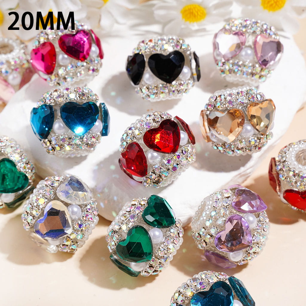Luxury Heart Crystal Rhinestone & White Pearl Trim Handmade Acrylic Beads,, 20MM, Random Mix