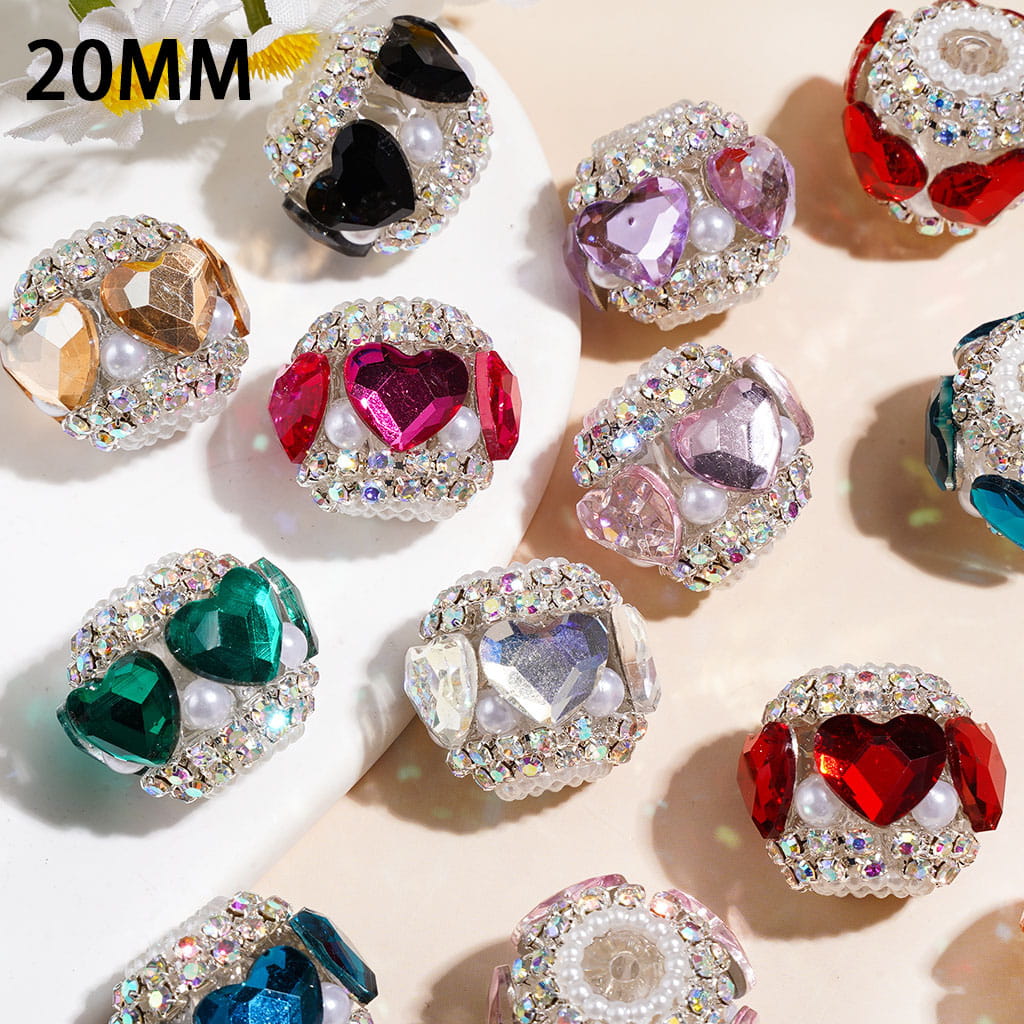 Luxury Heart Crystal Rhinestone & White Pearl Trim Handmade Acrylic Beads,, 20MM, Random Mix