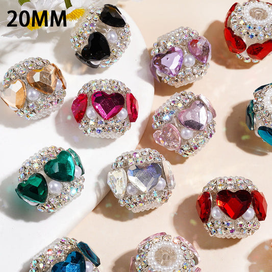 Luxury Heart Crystal Rhinestone & White Pearl Trim Handmade Acrylic Beads,, 20MM, Random Mix