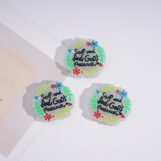 Leaves and Flowers Wreath, Silver Glitter with Text "Stop and Feel God's Presence" in Christian Faith Theme Silicone Focal Beads