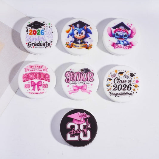 Blue Monster & Hedgehog with Graduation Cap Class of 2026 Flat Round Silicone Focal Beads Random Mix