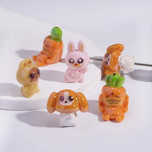 UV Coated Cute Bunny Dog & Sad Carrot Theme Acrylic Beads Random Mix