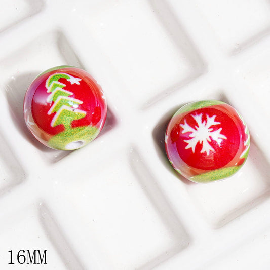 Adorable Green Christmas Tree & White Snowflake UV-Finished Printed Round Acrylic Beads for Bracelets, 16MM