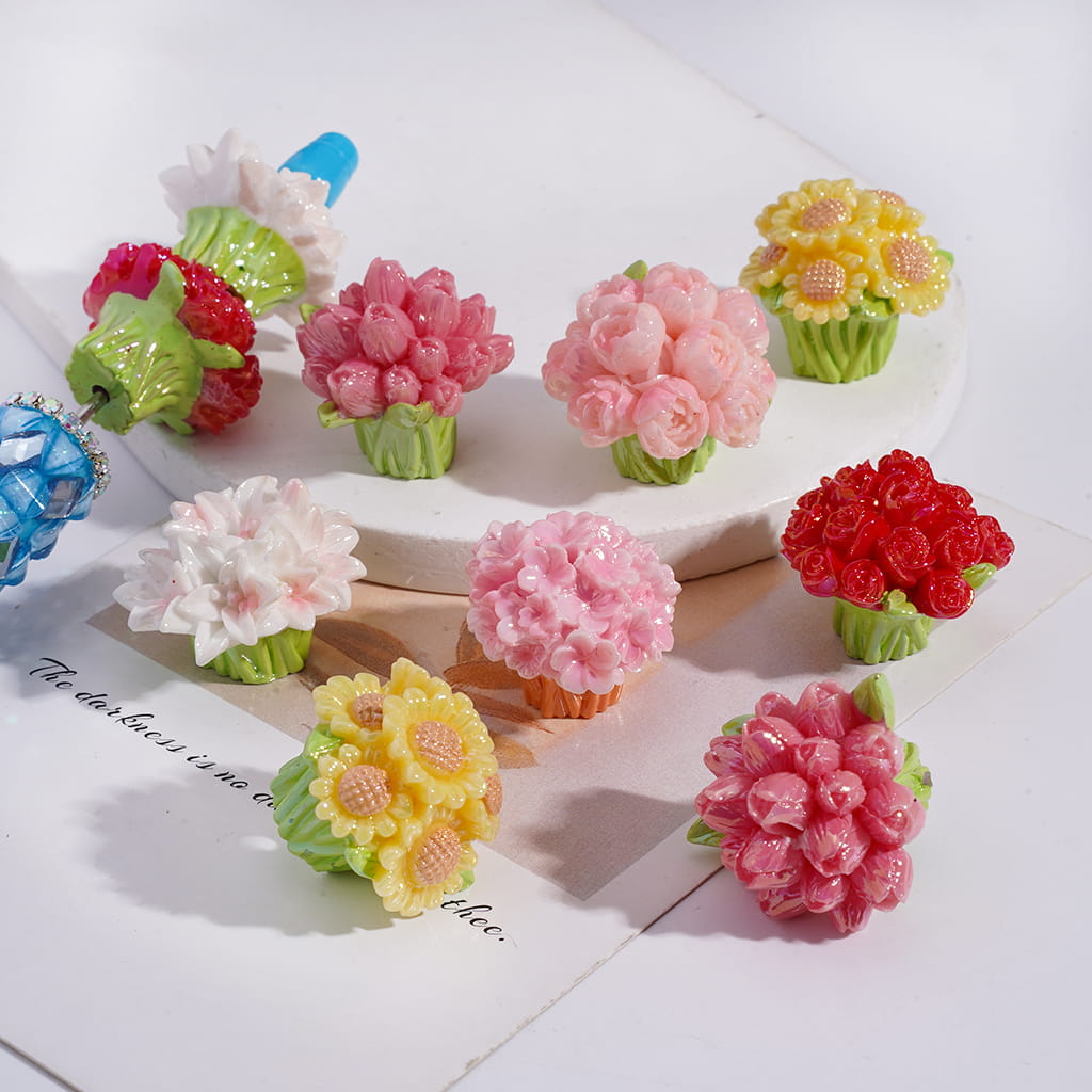 UV Coating Flower Bouquet Series, Cute Peony Tulip Lily Rose Sun Flower Peach Blossoms Acrylic Beads, Random Mix