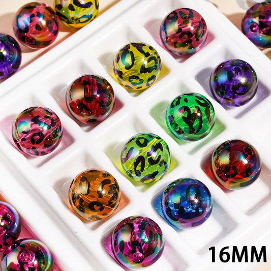 Transparent Leopard Print Round Acrylic Beads, 16MM, Multi-Color Random Mix