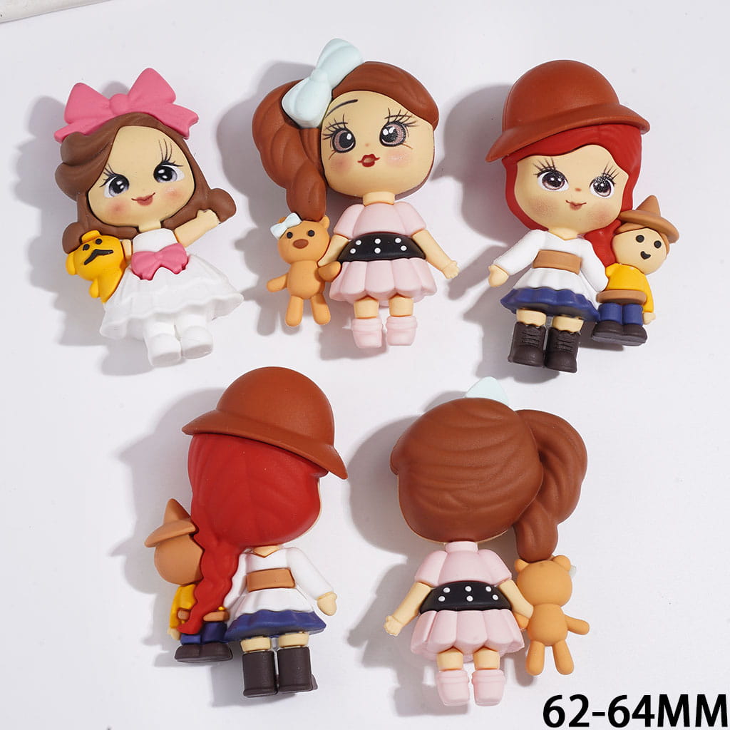 Adorable Girl with Doll Three Assorted Styles Soft PVC Rubber Figurine, 62-64MM (No-Hole), No-Hole