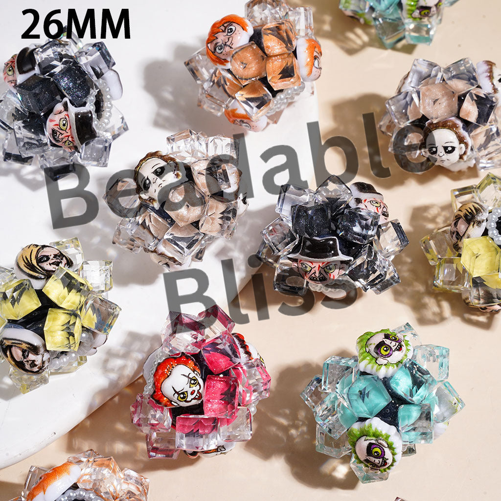 Hand-Made Acrylic Beads Horror Character Series, w Clear Faceted Crystal Square Pearl Trim, 26MM Multi Color