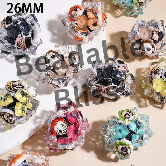Hand-Made Acrylic Beads Horror Character Series, w Clear Faceted Crystal Square Pearl Trim, 26MM Multi Color