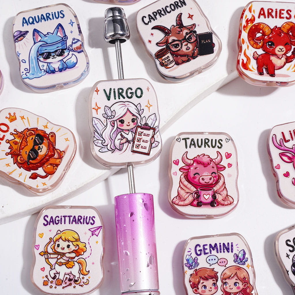 Whimsical Twelve Zodiac Constellations with Cartoon & Animal Character Semi-Clear Acrylic Beads, 21*26MM, Random Mix