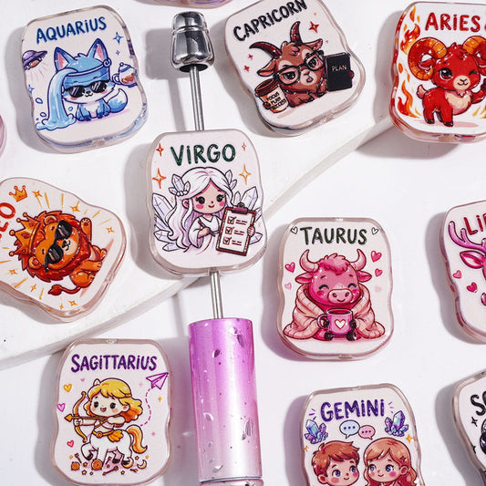 Whimsical Twelve Zodiac Constellations with Cartoon & Animal Character Semi-Clear Acrylic Beads, 21*26MM, Random Mix