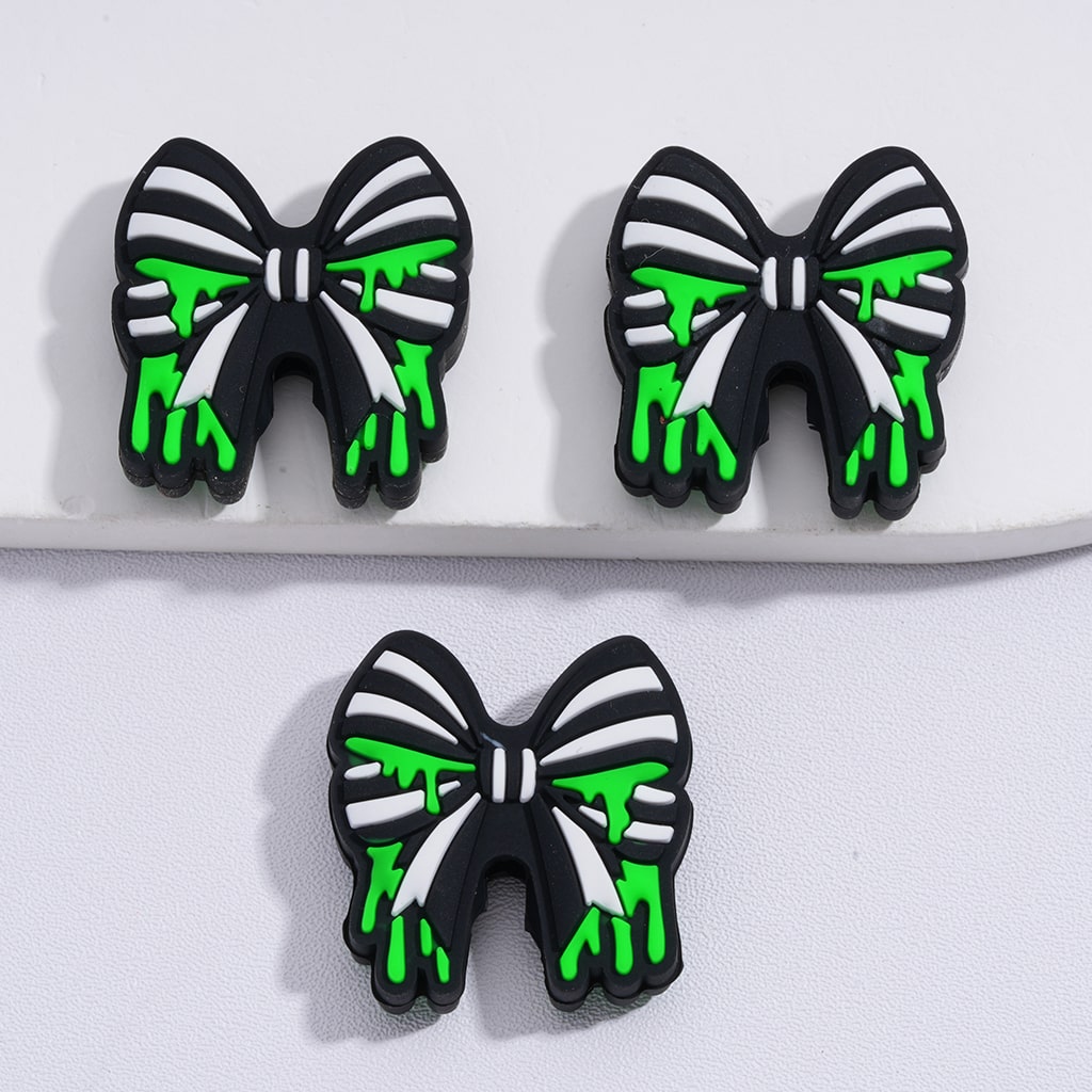 Black & White Bowknot with Green Liquid Print Design Silicone Focal Beads