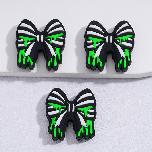 Black & White Bowknot with Green Liquid Print Design Silicone Focal Beads