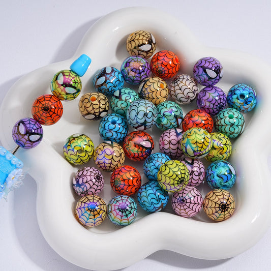 UV Coated Spider Web Design Acrylic Beads Multi-Color 16MM, Random Mix