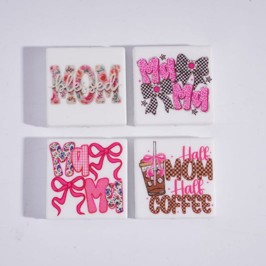 Pink Mom Themed Flat Square Shapes Silicone Focal Beads Random Mix