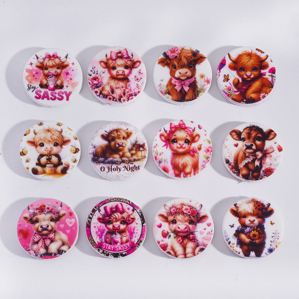 Pink Highland Cow Print Flat Round Shape Silicone Focal Beads Random Mix