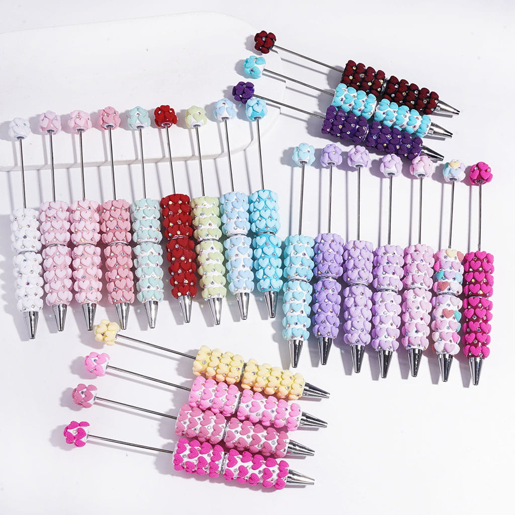 Delightful Frosted Flocked Heart Shapes with Sparkling AB Rhinestone Beadable Clay Pens, Multi-Color Random Mix