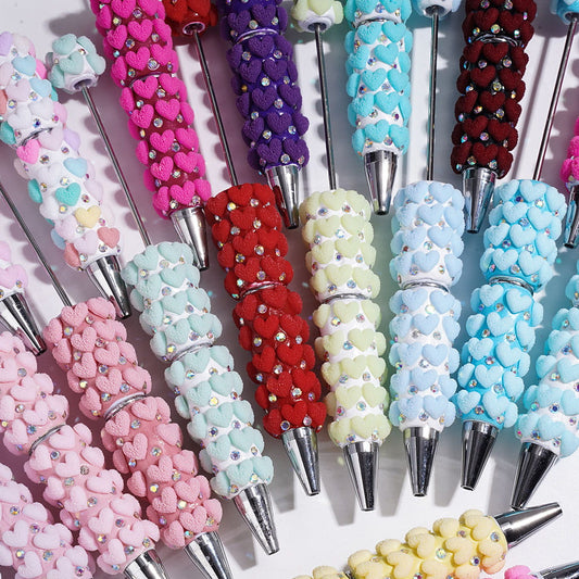 Delightful Frosted Flocked Heart Shapes with Sparkling AB Rhinestone Beadable Clay Pens, Multi-Color Random Mix