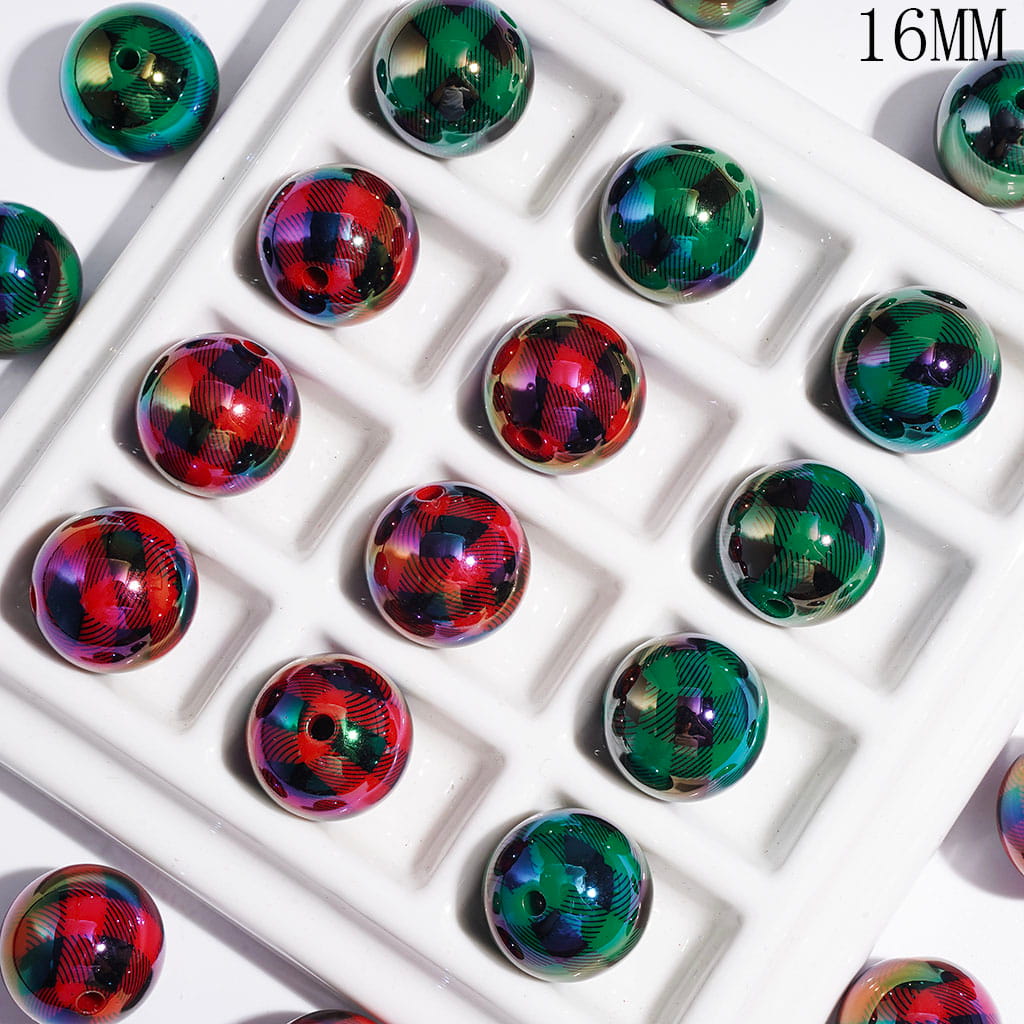 Christmas Red Green and Black Plaid Printed Acrylic Beads for DIY Bracelets and Necklets, UV Coating Process, 16MM