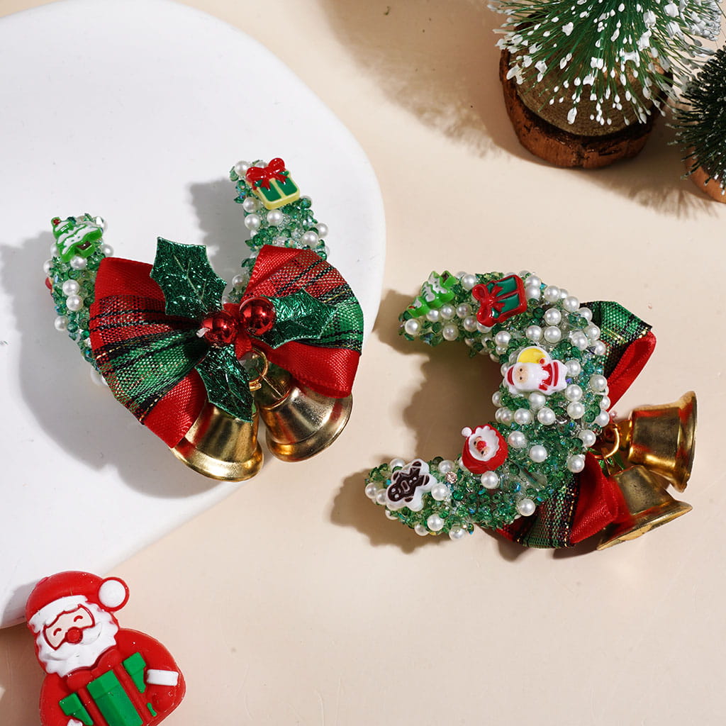 Crescent Moon Sugar Beads w Christmas Trim Rhinestones White Pearls, Ribbon Bow & Gold Bells, Red & Green (Please Read Description)