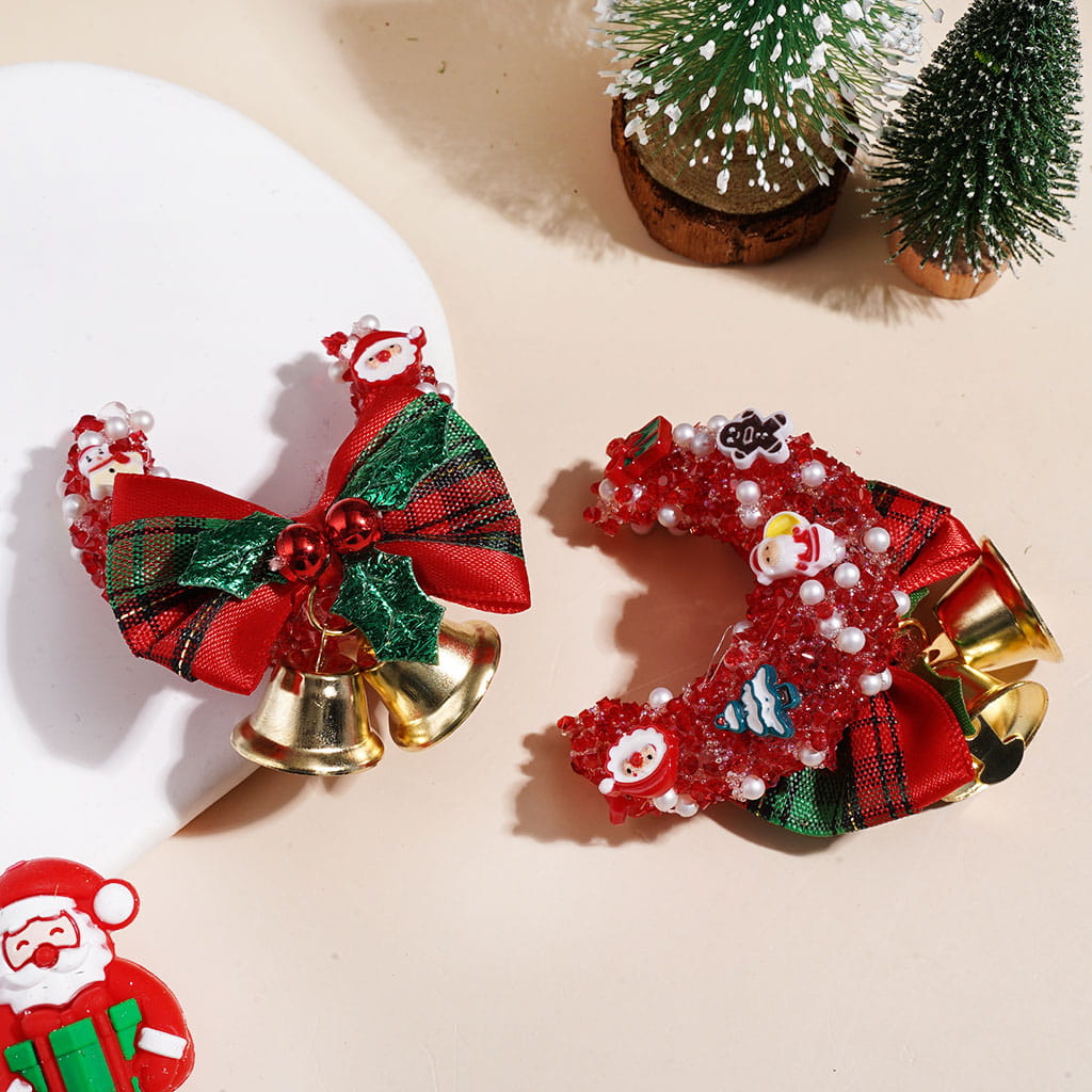 Crescent Moon Sugar Beads w Christmas Trim Rhinestones White Pearls, Ribbon Bow & Gold Bells, Red & Green (Please Read Description)