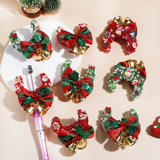 Christmas Tree Design Hair Clips with Pearl Beads, Red & Green Plaid Bow, Gold Jingle Bells Crescent Moon Sugar Beads(Please Read Description)