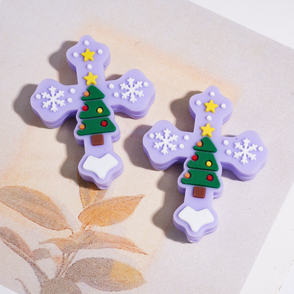 Silicone Focal Beads Cross with Christmas Tree Snowflakes Stars, 27*33MM Assorted Colors