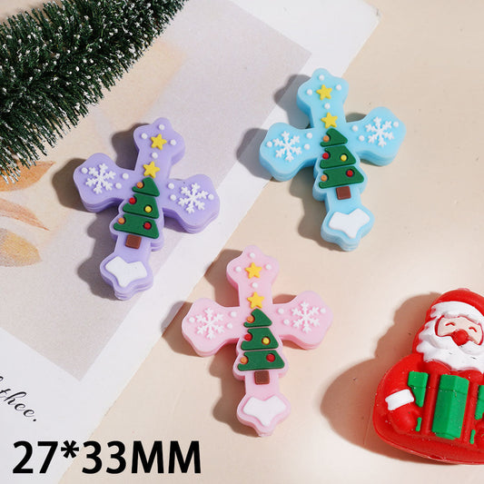 Christmas Cross Silicone Focal Beads with Christmas Tree, Snowflakes & Stars, 27*33MM, Assorted Colors