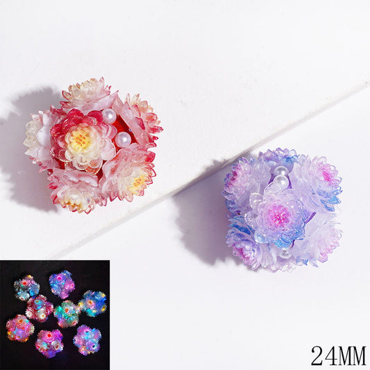 Luminous Clear Lotus Flower with Glitter, White Pearls & Dual-Color Design Clay Beads, 24MM, Multicolor, Random Mix