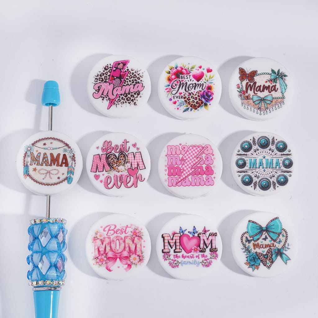 Best Mom Ever Mother’s Day Flat Round Silicone Focal Beads Random Mix
