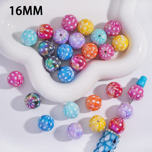 Knitted Checkered Pattern Round Acrylic Bracelet Beads 16MM, Random Mix