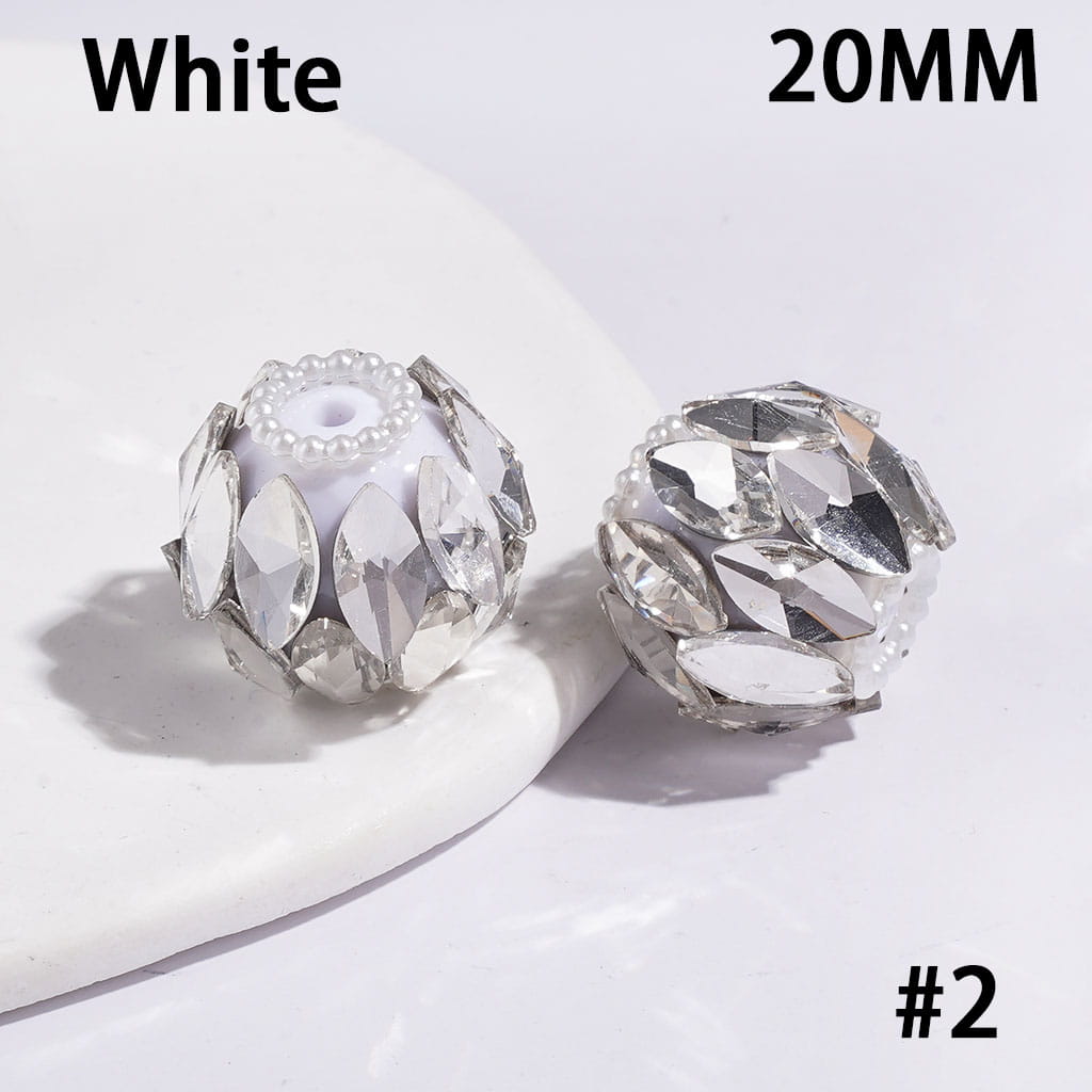 Handcrafted Acrylic Beads w Dazzling Marquise Cut Rhinestones, White Pearl Chains, Around 20MM
