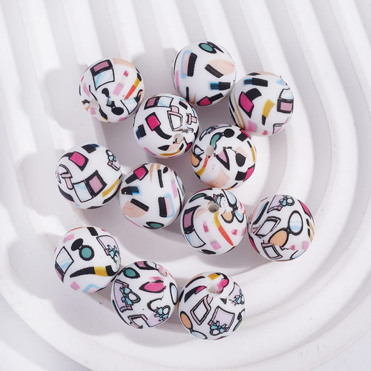 Printed Silicone Beads Soft Round with Cosmetics Series Prints, 15MM