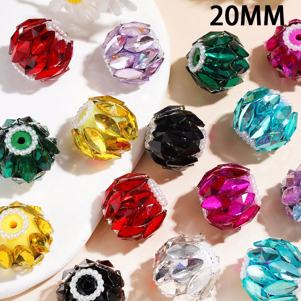 Sparkling Shiny Crystal Dazzling Marquise Cut Rhinestone with White Pearl Trim Round Acrylic Beads 20MM