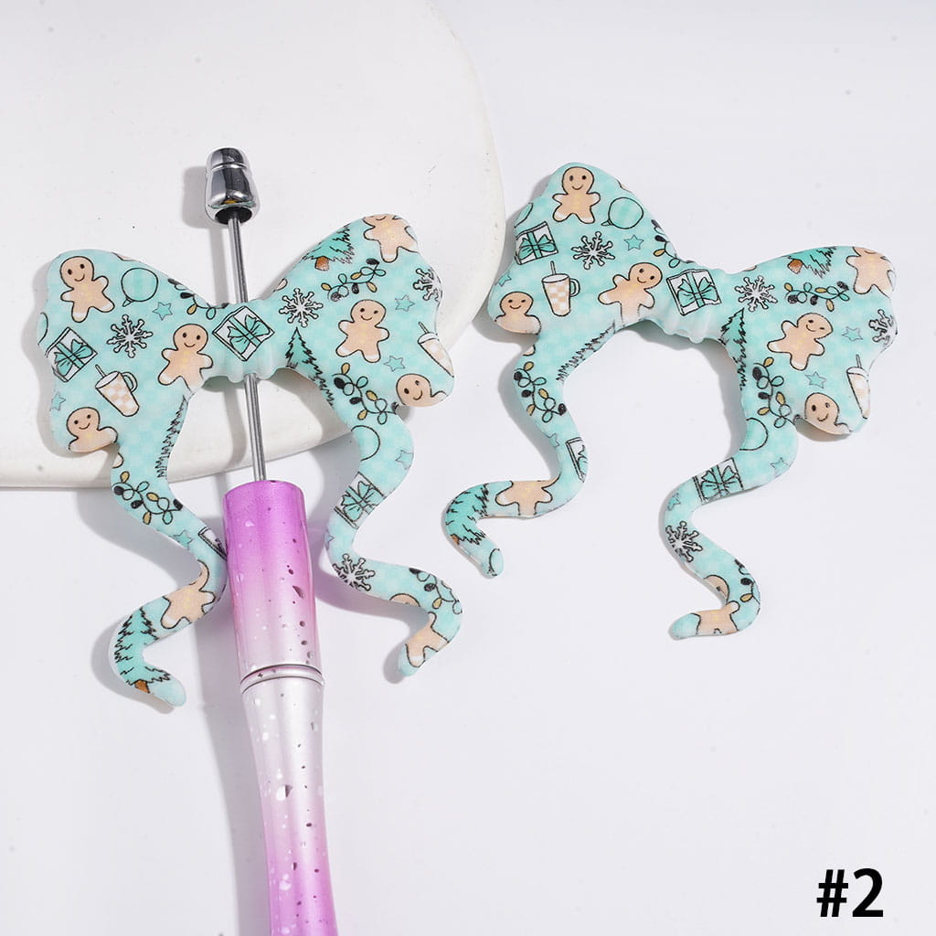 Festive Christmas Gingerbread Man, Snowflake & Gift Prints Bowknot with Long Ribbon Shape Silicone Focal Beads, 59*70MM, Pink & Teal