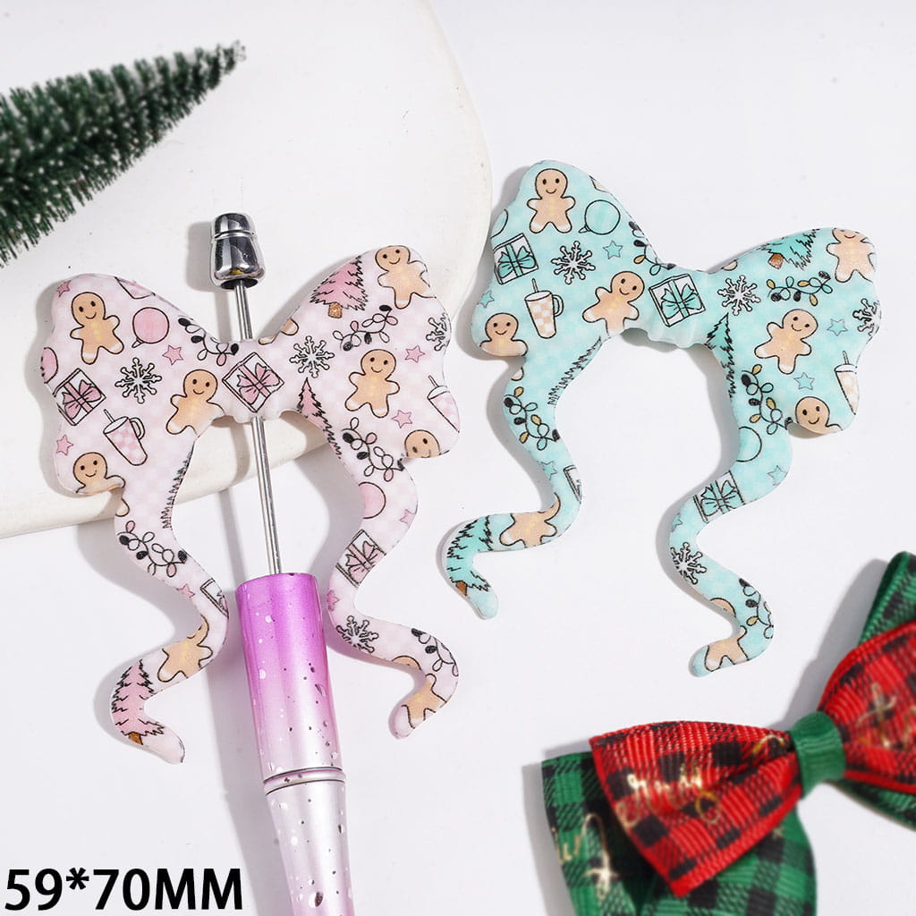 Festive Christmas Gingerbread Man, Snowflake & Gift Prints Bowknot with Long Ribbon Shape Silicone Focal Beads, 59*70MM, Pink & Teal