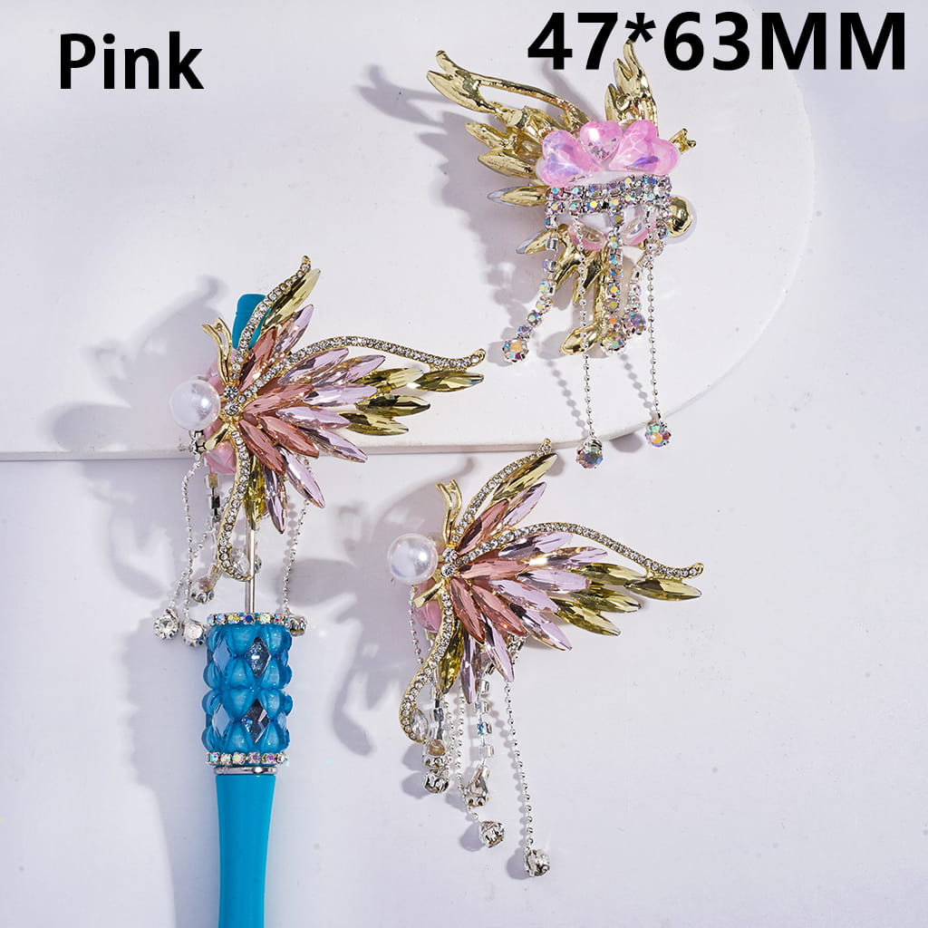 Fancy Alloy Butterfly Wing, with Rhinestones & White Pearl & Tassel Chains, Clay Beads  47*63MM, Purple Blue Pink