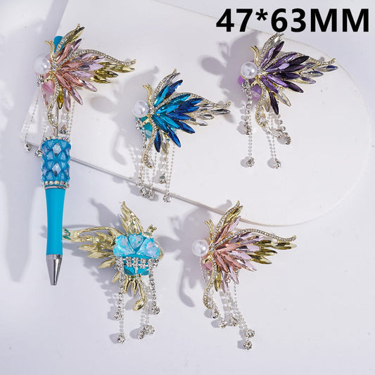 Fancy Alloy Butterfly Wing, with Rhinestones & White Pearl & Tassel Chains, Clay Beads  47*63MM, Purple Blue Pink