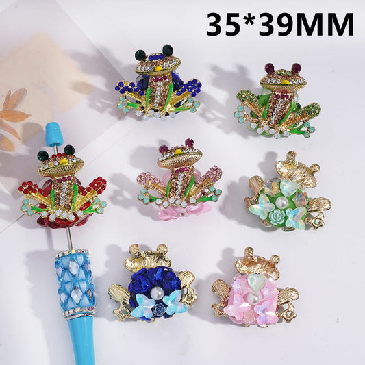 Bling Bling Alloy Frog with UV Coating Multi-Color Rhinestones & White Pearl Rose Flower Clay Beads , 35*39MM