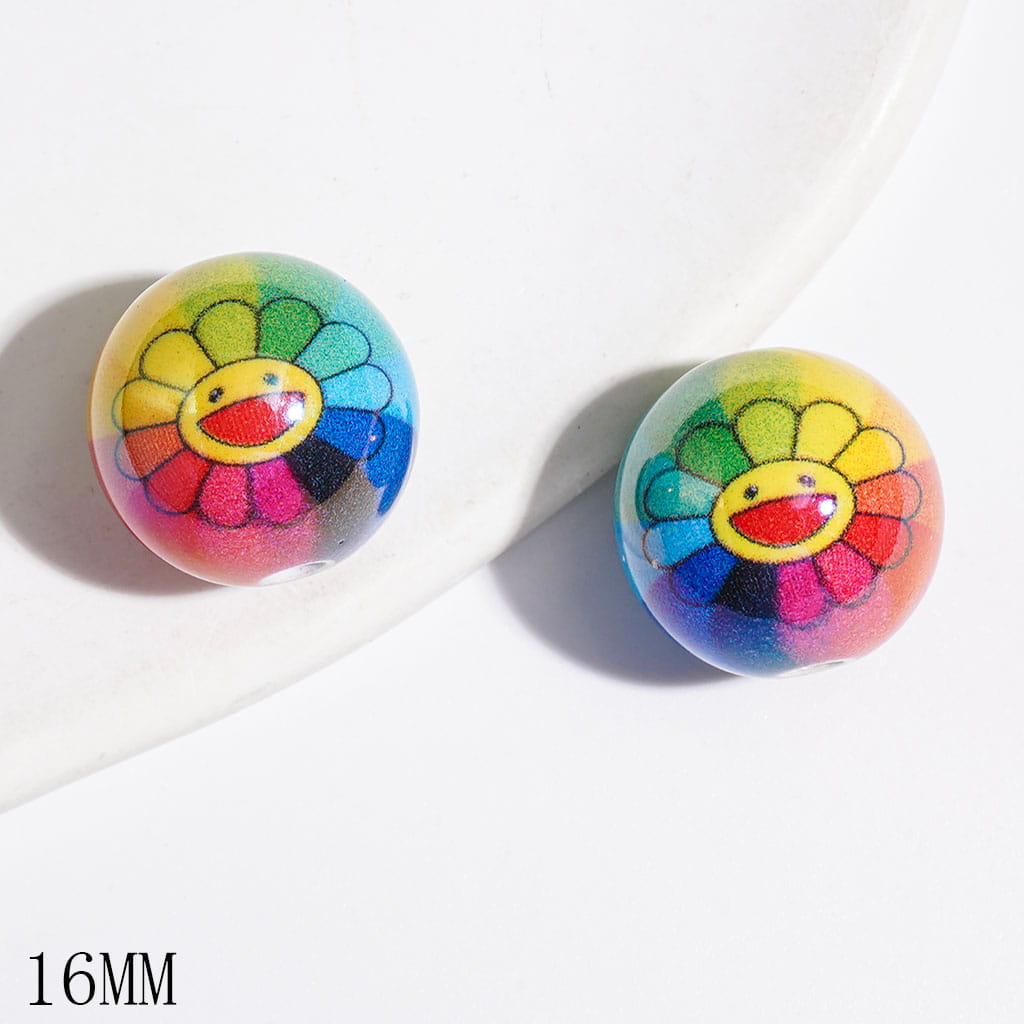 UV-Finished Cheerful Smiling Sun Flower Rainbow Design Round Acrylic Beads for Bracelets, 16MM